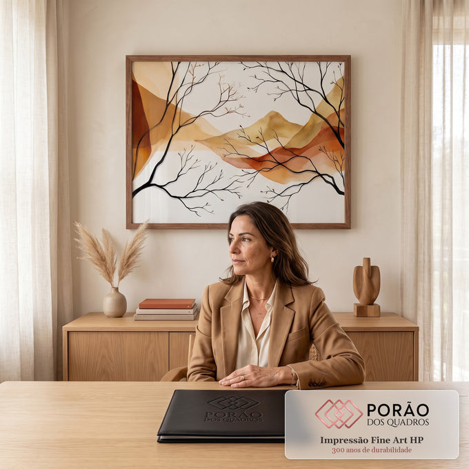 Quadro Decorativo Grande Montanhas Douradas para Sala Marrom | quadros decorativos | paisagem de montanhas em aquarela nos tons terracota com galhos pretos secos sobrepostos | em ambiente 2 | Porao dos Quadros