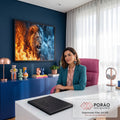 Leão rugindo com metade da juba em chamas laranja e metade coberta de gelo azul, quadro decorativo