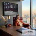 Porsche 911 clássico branco estacionado em rua diante de prédio de tijolos vermelhos, quadro decorativo
