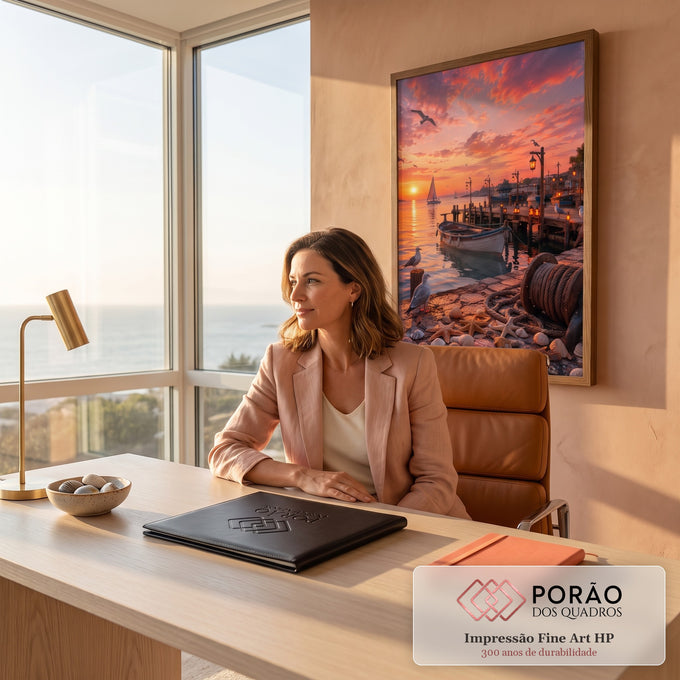 Pôr do sol laranja em marina com veleiro, barco, gaivotas, lanternas e conchas no cais, quadro decorativo