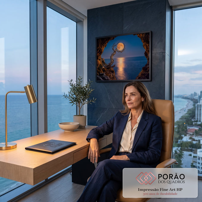 Quadro Decorativo Grande Lua Cheia Dourada para Sala Azul | quadros decorativos | lua cheia dourada emoldurada por árvore seca e caverna, refletida no mar | em ambiente 2 | Porao dos Quadros