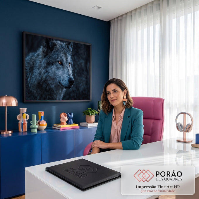 Retrato em close de lobo cinzento com olhos âmbar sobre fundo azul escuro, quadro decorativo