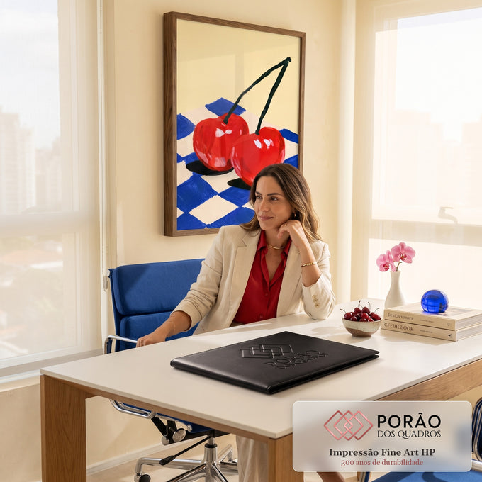 Quadro Decorativo Grande Cerejas Vermelhas para Área Gourmet | quadros decorativos | duas cerejas vermelhas unidas sobre tecido xadrez azul e flor rosa | em ambiente 2 | Porao dos Quadros