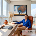 Quadro Decorativo Grande Árvores ao Vento para Sala Laranja | quadros decorativos | árvores estilizadas em linhas coloridas sobre campo de trigo dourado e céu azul em espiral | em ambiente 2 | Porao dos Quadros