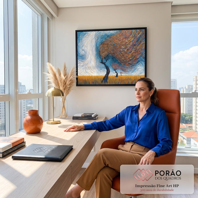 Quadro Decorativo Grande Árvores ao Vento para Sala Laranja | quadros decorativos | árvores estilizadas em linhas coloridas sobre campo de trigo dourado e céu azul em espiral | em ambiente 2 | Porao dos Quadros