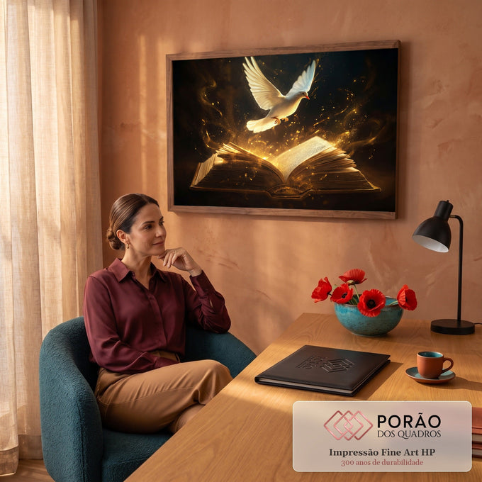 Pomba branca do Espírito Santo voando sobre Bíblia aberta com luz dourada em fundo escuro, quadro decorativo