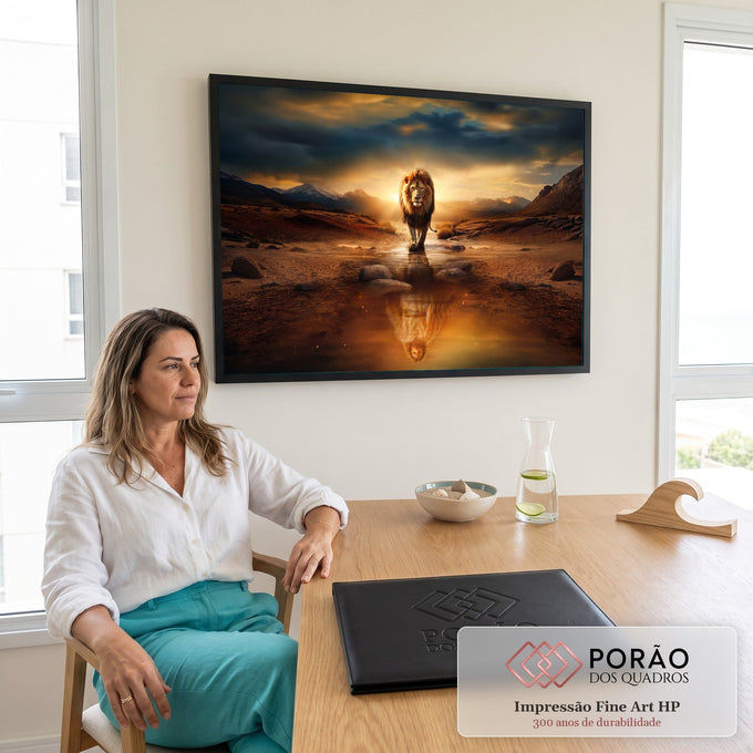 Leão caminhando em riacho ao pôr do sol com reflexo dourado na água e montanhas, quadro decorativo