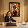 Quadro Decorativo Grande Jesus com Pomba para Sala Dourado | quadros decorativos | Jesus com auréola dourada segurando pomba branca em estilo vitral geométrico | em ambiente 2 | Porao dos Quadros