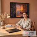 Quadro Decorativo Grande Veleiro e Farol para Sala Laranja | quadros decorativos | veleiro e farol ao pôr do sol vistos através de janela de pedra em ruínas | em ambiente 2 | Porao dos Quadros