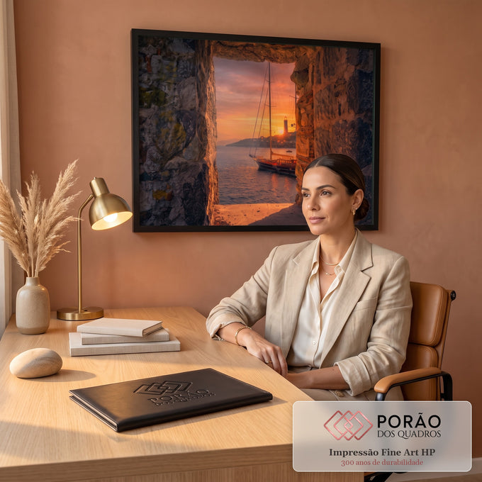 Quadro Decorativo Grande Veleiro e Farol para Sala Laranja | quadros decorativos | veleiro e farol ao pôr do sol vistos através de janela de pedra em ruínas | em ambiente 2 | Porao dos Quadros