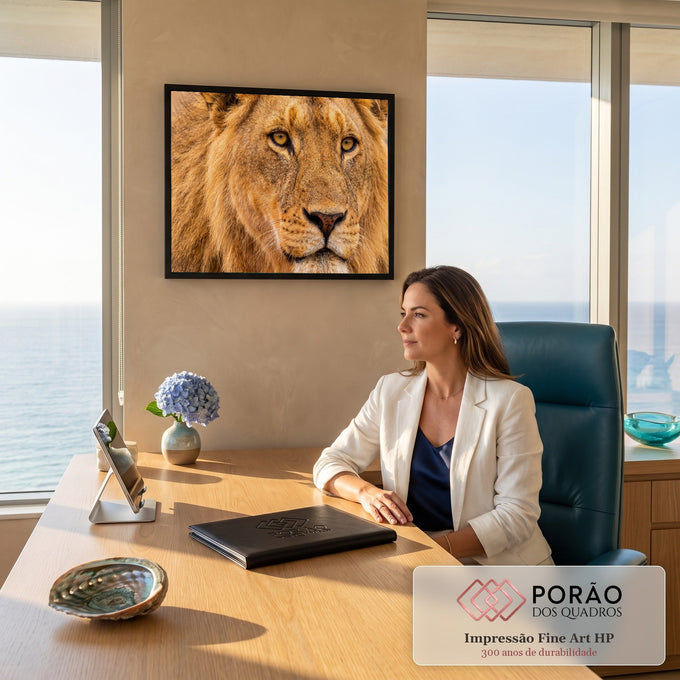 Quadro Decorativo Grande Rosto de Leão para Sala Dourado | quadros decorativos | close de rosto de leão jovem com juba dourada e olhar fixo | em ambiente 2 | Porao dos Quadros
