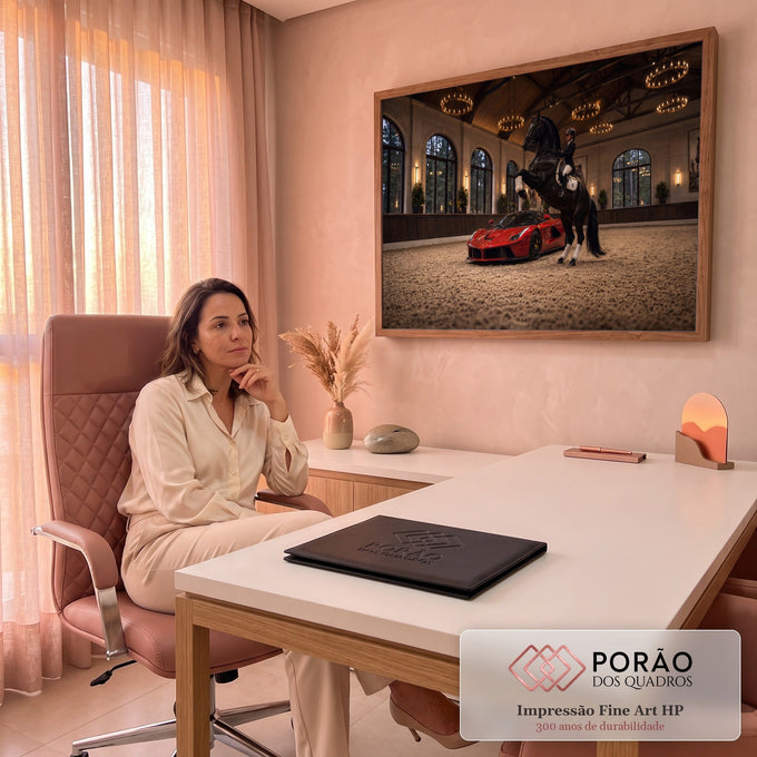 Cavalo preto empinado com amazona e carro esportivo vermelho em picadeiro com lustres, quadro decorativo