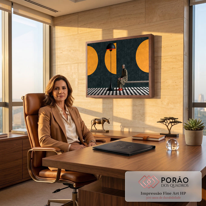 Figura de casaco xadrez sentada num banco junto a uma luminária preta e círculos laranja, quadro decorativo