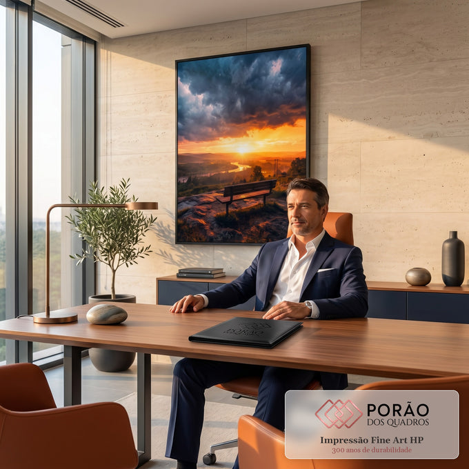 Banco de madeira em colina diante de rio sob pôr do sol laranja e nuvens escuras, quadro decorativo
