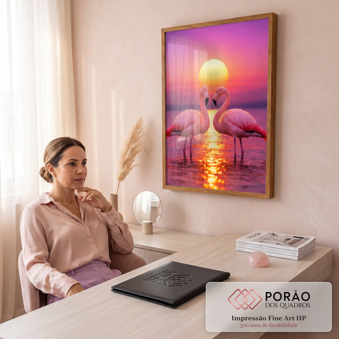 Quadro Decorativo Flamingos Formando Coração ao Pôr do Sol | quadros decorativos | dois flamingos rosa formando coração com pescoços curvados ao pôr do sol roxo | em Quadros para Quarto | Porao dos Quadros