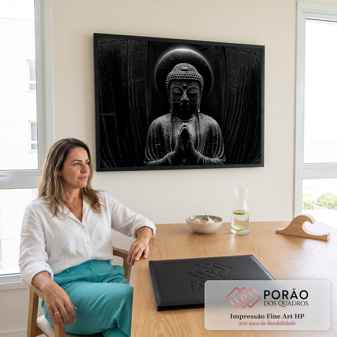 Quadro Decorativo Grande Buda em Oração para Sala Preto | quadros decorativos | estátua de Buda em preto e branco com eclipse brilhante atrás da cabeça | em ambiente 2 | Porao dos Quadros