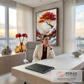 Quadro Decorativo Grande Árvore Vermelha Vermelho para Sala | quadros decorativos | árvore com folhas vermelhas e amarelas sobre sol branco e rio colorido entre nuvens | em ambiente 2 | Porao dos Quadros