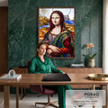 Quadro Decorativo Grande Mona Lisa para Sala Vermelho | quadros decorativos | retrato feminino estilo vitral colorido com véu vermelho e paisagem montanhosa ao fundo | em ambiente 2 | Porao dos Quadros