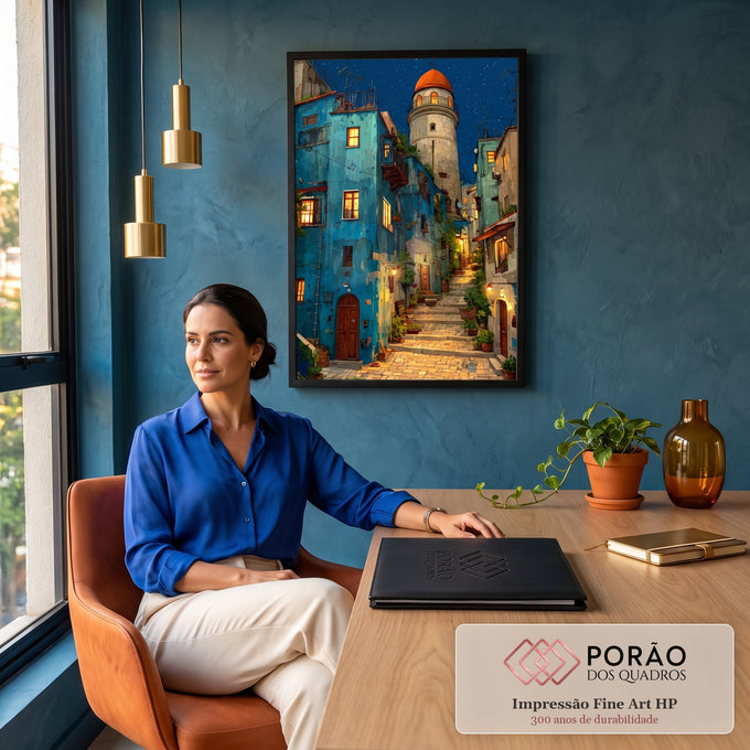 Beco de pedra noturno com casas azuis, torre de cúpula laranja e céu estrelado, quadro decorativo