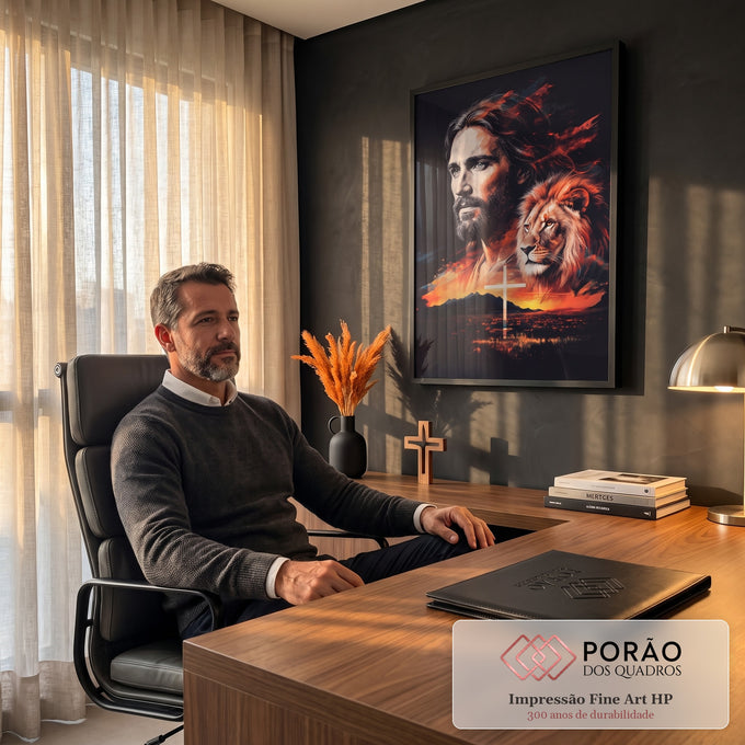 Quadro Decorativo Grande Jesus e Leão de Judá Cruz para Sala | quadros decorativos | retrato de Jesus barbudo ao lado da cabeça de um leão com cruz e pôr do sol laranja | em ambiente 2 | Porao dos Quadros