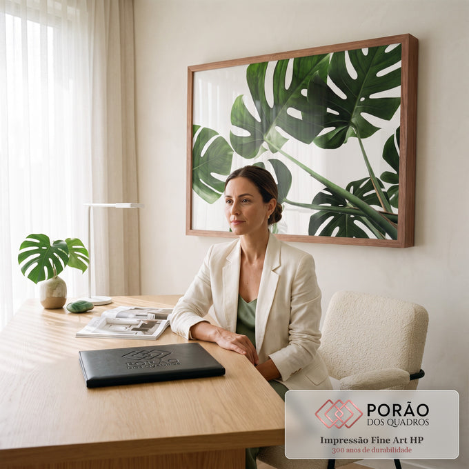 Quadro Decorativo Grande Folhas de Costela para Sala Verde | quadros decorativos | folhas verdes de Monstera recortadas vistas de baixo contra fundo branco | em ambiente 2 | Porao dos Quadros