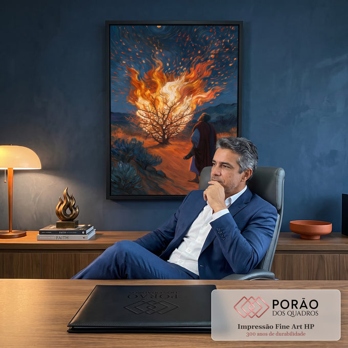 Quadro Decorativo Sarça Ardente sob Céu Estrelado Estilo | quadros decorativos | homem de manto caminha até arbusto em chamas sob céu estrelado em espiral | em Quadros para Escritorio | Porao dos Quadros