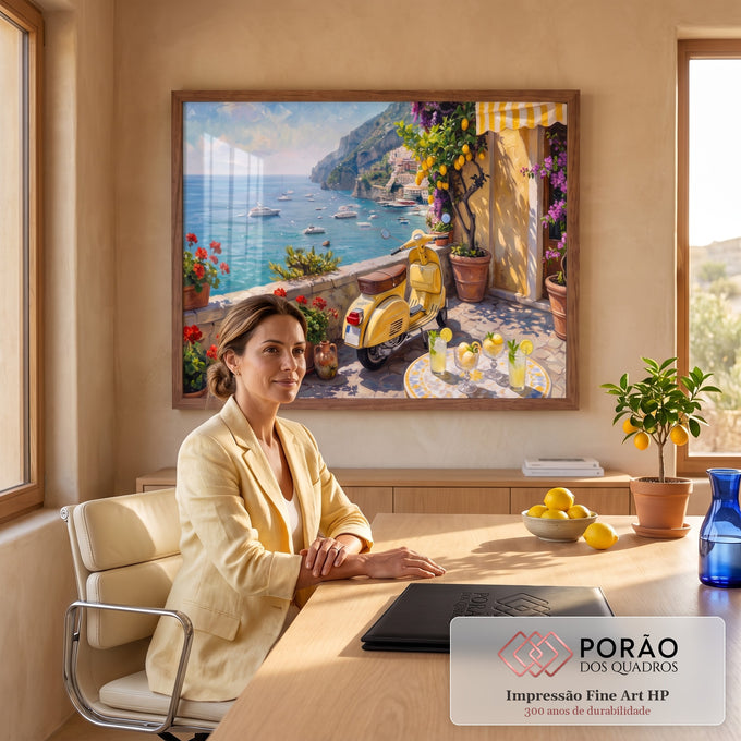 Quadro Decorativo Grande Scooter Amarela para Sala Amarelo | quadros decorativos | scooter amarela em terraço com limoeiro, flores e vista para o mar mediterrâneo | em ambiente 2 | Porao dos Quadros