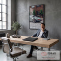 Quadro Decorativo Clássico Cinza em Frente a Prédio | quadros decorativos | clássico cinza-esverdeado visto de trás em frente a prédio de tijolos | em ambiente 2 | Porao dos Quadros