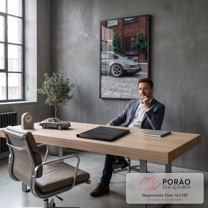 Quadro Decorativo Clássico Cinza em Frente a Prédio | quadros decorativos | clássico cinza-esverdeado visto de trás em frente a prédio de tijolos | em ambiente 2 | Porao dos Quadros