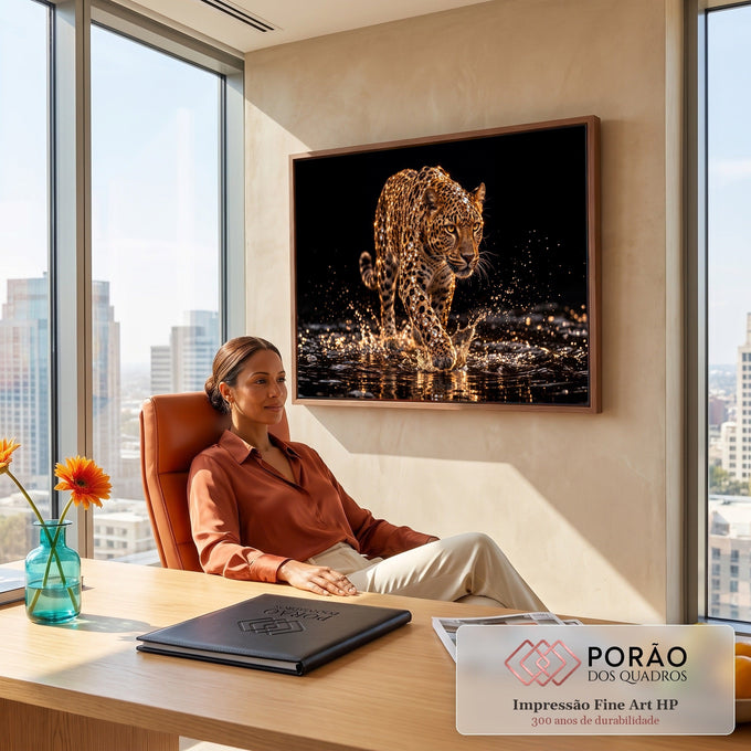 Leopardo cravejado de cristais caminhando na água com respingos dourados e fundo preto, quadro decorativo