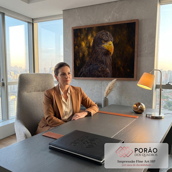 Quadro Decorativo Grande Águia de Bico para Sala Marrom | quadros decorativos | retrato de águia em pintura a óleo com bico amarelo e fundo dourado desfocado | em ambiente 2 | Porao dos Quadros