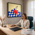 Pintura de duas cerejas vermelhas e flor rosa sobre toalha xadrez azul com fundo amarelo, quadro decorativo