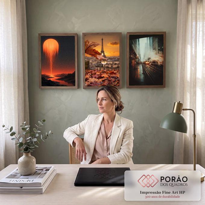 Quadro Decorativo Kit 3 Telas Pôr do Sol Laranja para Sala | quadros decorativos | tríptico com pôr do sol, gota refletindo a Torre Eiffel e trem urbano a vapor | em ambiente 2 | Porao dos Quadros