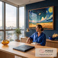 Quadro Decorativo Grande Céu Estrelado para Sala Azul | quadros decorativos | céu em espirais azuis com lua, planeta e estrelas sobre campo de trigo dourado | em ambiente 2 | Porao dos Quadros