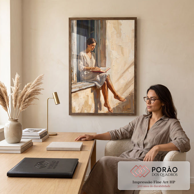 Quadro Decorativo Grande Mulher Lendo para Sala Bege | quadros decorativos | mulher descalça sentada na janela lendo livro vermelho em pintura impasto | em ambiente 2 | Porao dos Quadros