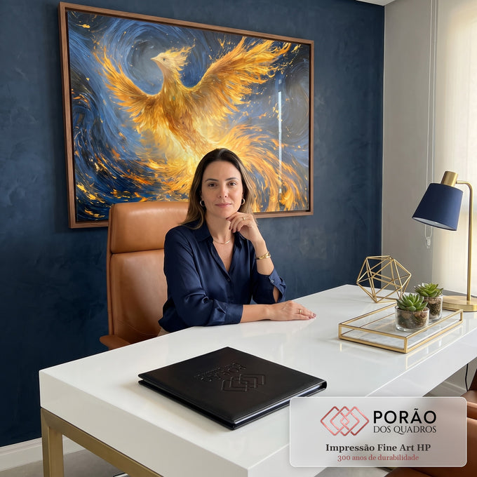 Quadro Decorativo Fênix Dourada em Céu Azul Turbilhonado | quadros decorativos | fênix dourada com asas abertas sobre fundo azul em espirais estilo impressionista | em Quadros para Escritorio | Porao dos Quadros