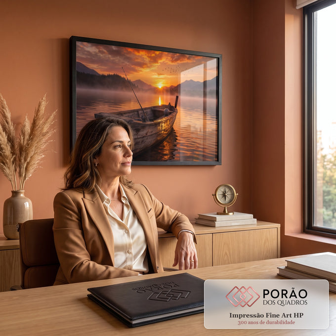Quadro Decorativo Grande Barco de Pesca Laranja para Sala | quadros decorativos | barco de madeira vazio sobre lago com neblina ao pôr do sol laranja | em ambiente 2 | Porao dos Quadros