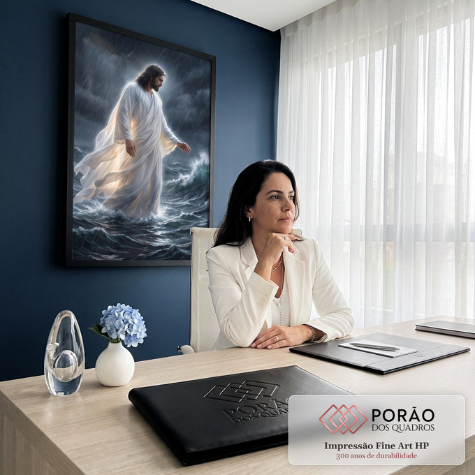 Quadro Decorativo Grande Jesus Caminhando Branco para Sala | quadros decorativos | homem de túnica branca caminhando sobre o mar durante tempestade intensa | em ambiente 2 | Porao dos Quadros