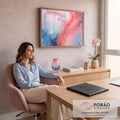 Quadro Decorativo Grande Abstrato Fluido Azul para Sala Rosa | quadros decorativos | arte abstrata fluida em rosa, azul e dourado com efeito de mármore líquido | em ambiente 2 | Porao dos Quadros