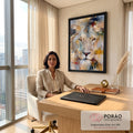 Quadro Decorativo Leão Majestoso em Tons Dourados e Azuis em escritorio moderno - quadros decorativos para sala