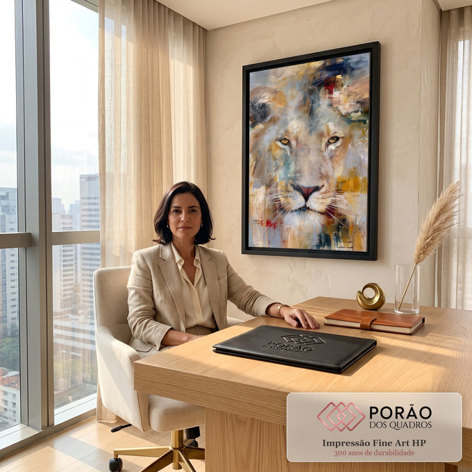 Quadro Decorativo Leão Majestoso em Tons Dourados e Azuis em escritorio moderno - quadros decorativos para sala
