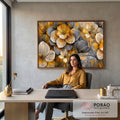 Quadro Decorativo Flores em Dourado e Cinza com Textura | quadros decorativos | flores estilizadas em dourado, cinza e bege sobre fundo texturizado com respingos | em Quadros para Escritorio | Porao dos Quadros