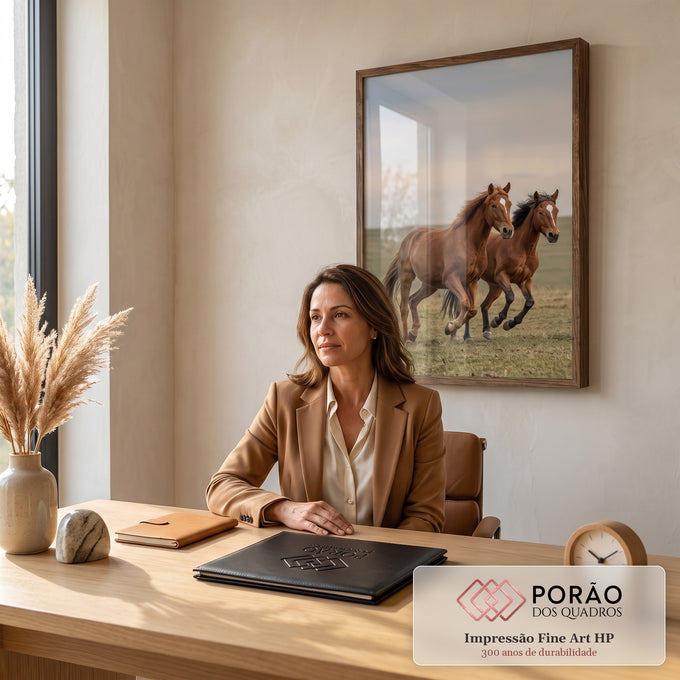 Quadro Decorativo Grande Dois Cavalos para Sala Marrom | quadros decorativos | dois cavalos castanhos correndo lado a lado em campo aberto sob céu nublado | em ambiente 2 | Porao dos Quadros