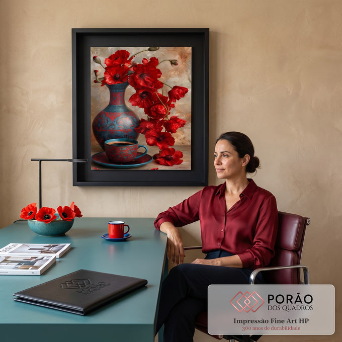 Papoulas vermelhas em vaso azul ornamentado com xícara de café sobre mesa rústica, quadro decorativo