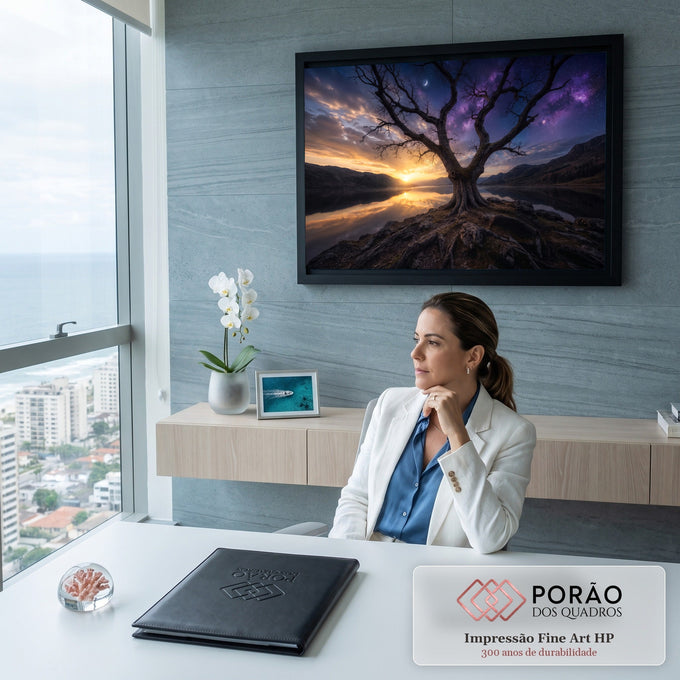 Quadro Decorativo Grande Árvore Seca para Sala Roxo | quadros decorativos | árvore seca silhueta entre pôr do sol dourado e céu noturno roxo estrelado | em ambiente 2 | Porao dos Quadros