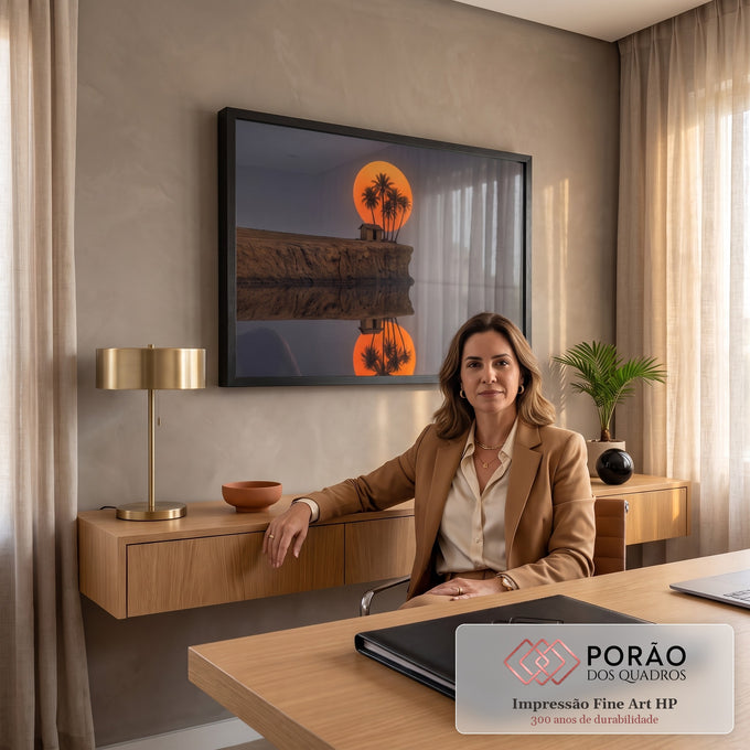 Quadro Decorativo Grande Lua com Palmeiras para Sala Laranja | quadros decorativos | lua laranja gigante atrás de palmeiras e cabana de barro sobre penhasco refletido na água | em ambiente 2 | Porao dos Quadros