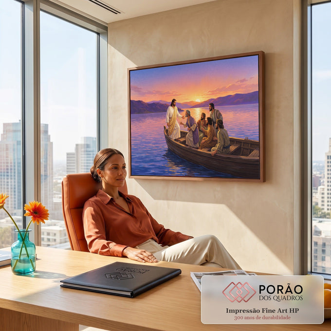 Jesus em pé no barco estendendo a mão aos discípulos em lago lilás ao pôr do sol, quadro decorativo