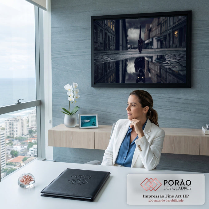 Quadro Decorativo Grande Gato Caminhando para Sala Preto | quadros decorativos | gato preto de olhos dourados caminhando em rua noturna com reflexo na poça | em ambiente 2 | Porao dos Quadros