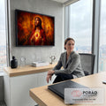 Quadro Decorativo Grande Jesus Cristo Chamas para Sala | quadros decorativos | Jesus Cristo com coroa de espinhos e coração sagrado em chamas sobre fundo de fogo | em ambiente 2 | Porao dos Quadros