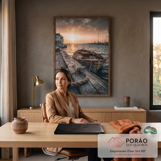 Barco de madeira antigo amarrado ao píer com corda, mar e veleiros ao pôr do sol, quadro decorativo